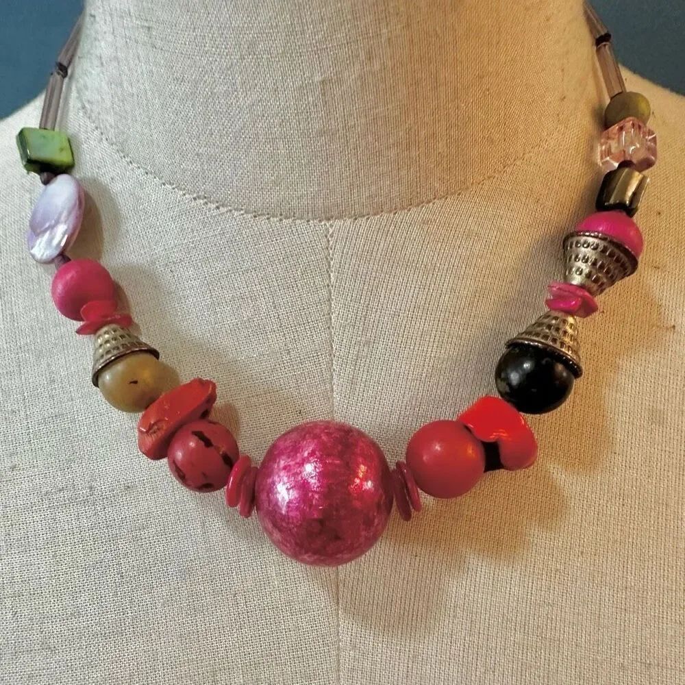 Pink beaded coral abalone necklace